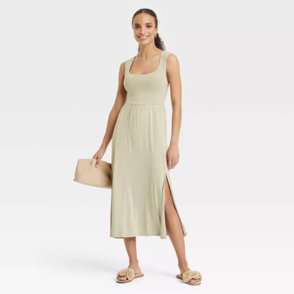 A New Day Sage Olive Green Sleeveless Midi Pockets Slit Dress 3X Butter Soft NWT - Picture 4 of 4